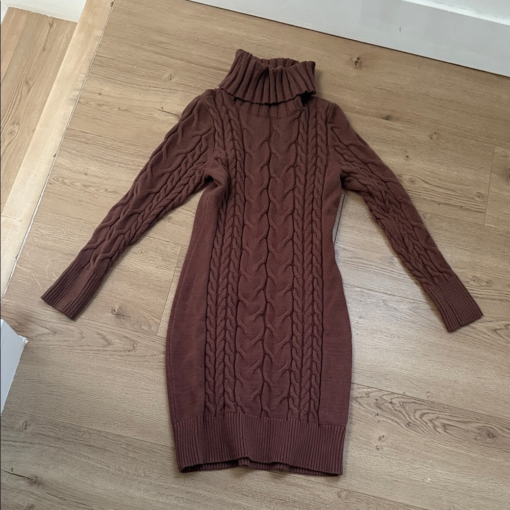 Brown Cable Knit Turtleneck Sweater Dress